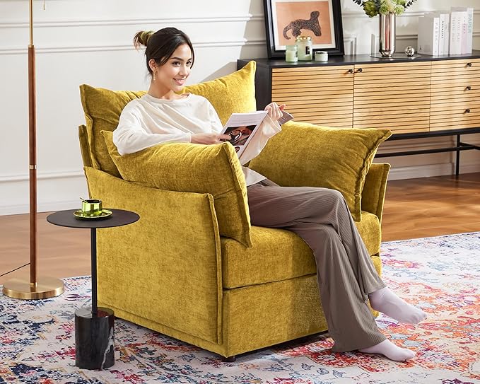 Oversized Accent Chair, 24.5" Deep Seat Large Reading Armchair with Removable Backrest & Detachable Cover,Chenille Yellow for Living Room/Bedroom/Office-Ruum Studio Home