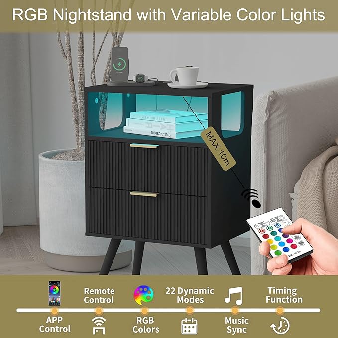 Black Nightstand with Charging Station and LED Lights,Modern Bedside Table with 2 Storage Drawer and Open Wood Shelf, for Bedroom and Small Spaces,Night Stand with Solid Wood Legs,Black-Ruum Studio Home