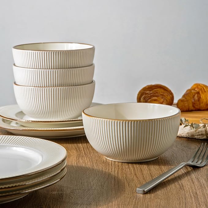 GBHOME Ceramic Dinnerware Sets,12 pcs Embossed Elegant Stoneware Plates and Bowls Sets, Housewarming Wedding Gift | Dishwasher & Microwave Safe | Dishes Set Service for 4-Ruum Studio Home