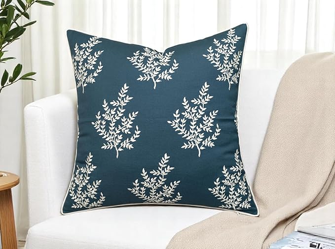 VAGMINE Embroidered Leaves Throw Pillow Cover - 20x20 Inches Square - 100% Cotton Teal Decorative Cushion Cover - Luxurious Embroidery Pattern - Vibrant Boho Accent for Sofa, Bed, Chair, Living Room-Ruum Studio Home