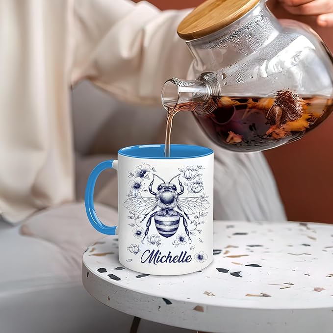 Hyturtle Personalized Floral Bee Mug - Bee Keeper Gifts For Women Lovers Teacher - Honey Gifts For Beekeeper Farmer On Birthday - Queen Honeycomb Decor - Custom Coffee Cup Ceramic Mug 11 Oz 15 Oz-Ruum Studio Home