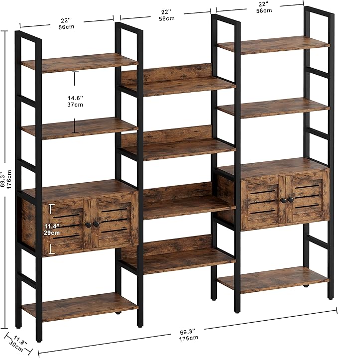 IRONCK Industrial Bookshelf and Bookcase with 2 Louvered Doors 5 Tiers Triple Wide Display Shelf with Storage Cabinet for Living Room Home Office-Ruum Studio Home