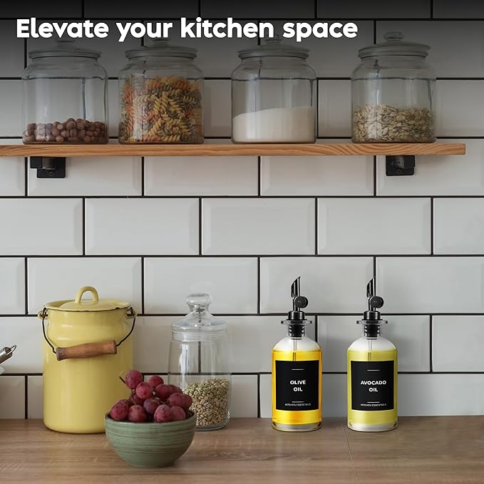 Olive Oil Dispenser Bottle - Includes 55 Kitchen Essential Labels - Cooking Oil Bottles for Kitchen, Coffee Syrup Dispenser - Pourer Spout with 11.8 fl oz Glass Container Cruet - 2pcs, Black-Ruum Studio Home