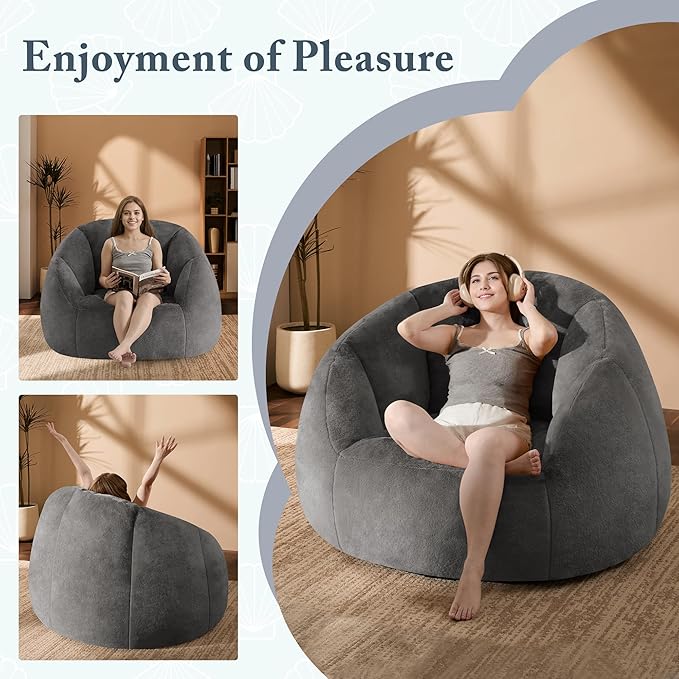 Giant Bean Bag Chair for Adults - Comfy Plush Round Shell Soft Accent Chair, Oversized Cozy Lounge Floor Sofa Reading Chair, Mini Couch for Living Room, Bedroom & Game Rooms, Gray-Ruum Studio Home