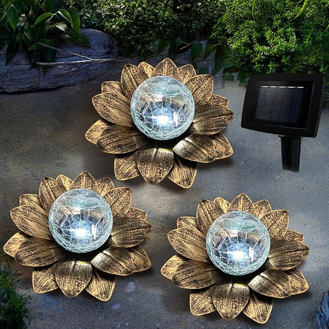 LEWIS&WAYNE Solar Garden Lights Outdoor, 3 Pcs Coppery Lotus Flower Pathway Lamps with Cool White Crackle Glass Globe Led Lights for Patio Pathway Yard Balcony Garden Decorations-Ruum Studio Home