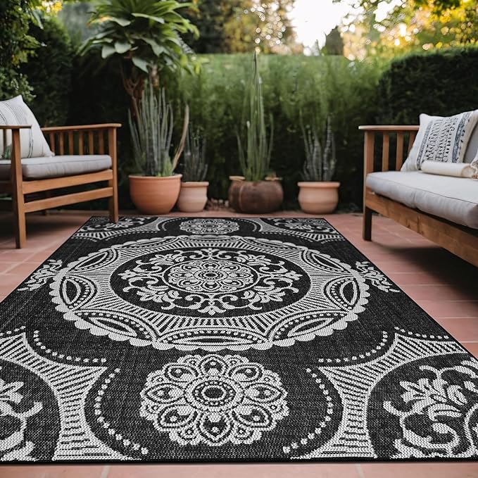 Medallion Outdoor Rug 5x7 Washable Outside Carpet for Indoor Patio Porch Waterproof Easy Cleaning Non Shedding Area Rugs Black 5 x 7-Ruum Studio Home