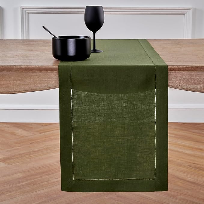 Solino Home Olive Linen Table Runner 156 Inches Long - 100% Pure Linen Classic Hemstitch Table Runner 14 x 156 Inch for Wedding, Parties, Fall, Autumn, Thanksgiving-Ruum Studio Home