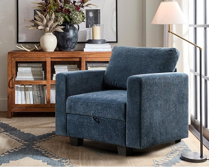 38.5 Oversized Accent Chair with Storage Blue Chenille, Single Modern Accent Sofa Chair with Arms for Apartment Living Room (21" Deep Seat)-Ruum Studio Home