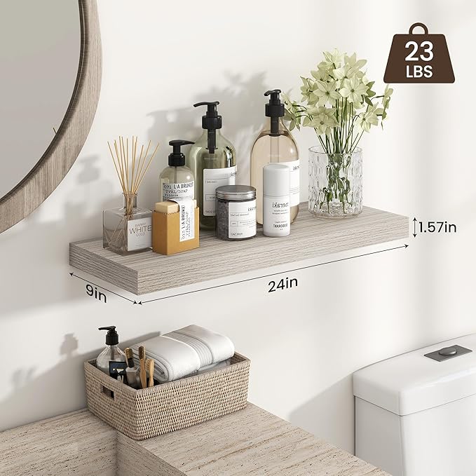Heimlove 24 inch Floating Shelves for Wall,9.3 inch deep Grey Bathroom Over Toilet Shelf,Wall Mounted Rustic Wood Shelves for Bedroom,Living Room,Kitchen,Office Decor Set of 2-Grey-Ruum Studio Home