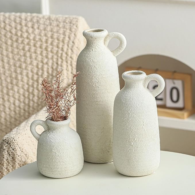 Ceramic Vase Set of 3 with Handle, Neutral Rustic Vases Home Decor Farmhouse Decorative Vase Whitewashed Pottery Decor Modern for Table Mantel Entryway Bookshelf Living Room Kitchen Bedroom - White-Ruum Studio Home
