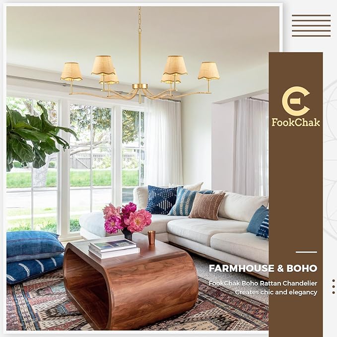 6 Light Boho Rattan Chandelier 44'' Brass Gold Chandelier Light Fixture Hand Woven Dining Room Chandeliers for Entryway Bedroom Living Room Bathroom-Ruum Studio Home