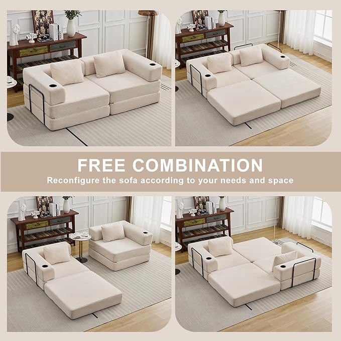 78" W Loveseat Sofa, 4 in 1 Convertible Floor Sofa Bed, Boneless Cloud Couch with Cup Holder, Fold Out Floor Couch, Loveseat Recliner Sleeper for Living Room Bedroom Lounge(Corduroy, White)-Ruum Studio Home