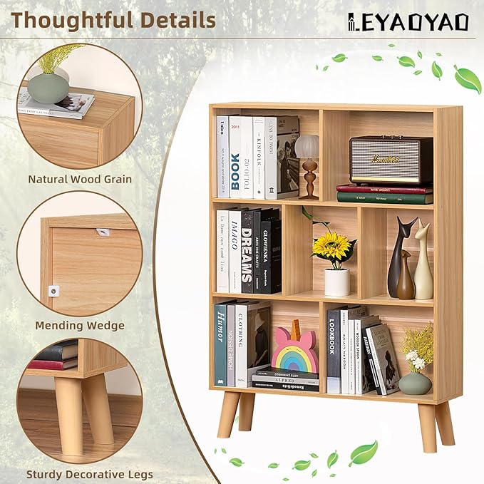 LEYAOYAO Wooden 7 Cube Book Shelf, Natural 3 Tier Bookshelf with Legs, Modern Open Storage Organizer,Boho Bookcase,Display Cabinet Shelf Free Standing Bookshelves for Bedroom,Living Room,Office-Ruum Studio Home