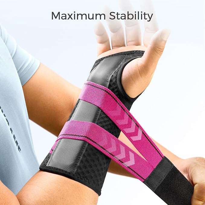 FREETOO Carpal Tunnel Wrist Brace Night Support Fit Right Hand for Work, Pain Relief Wrist Splint for Tendonitis, Sprain, Strain, Rigid Hand Brace for Arthritis for Women and Men (S/M, Black/Pink)-Ruum Studio Home