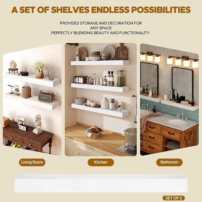 Floating Shelves 3 inch Thick for Wall Set of 2,Solid Pine Wood Wall Mount Shelf for Kitchen Living Room Bedroom Bathroom,8" D x 60" L x 3" H-White-Ruum Studio Home