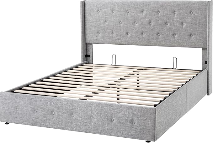 Allewie Queen Size Lift Up Storage Bed, Button Tufted Headboard with Wingback, Hydraulic Support, No Box Spring Needed, Light Grey-Ruum Studio Home