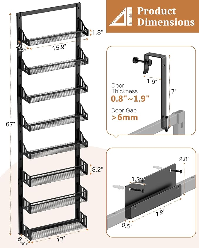 8-Tier Over the Door Pantry Organizer, Large Metal Door Spice Rack with Adjustable Basket, 2 in 1 Wall Mount or Hanging Heavy-Duty Pantry Door Storage Shelf for Kitchen and Bathroom, Black-Ruum Studio Home