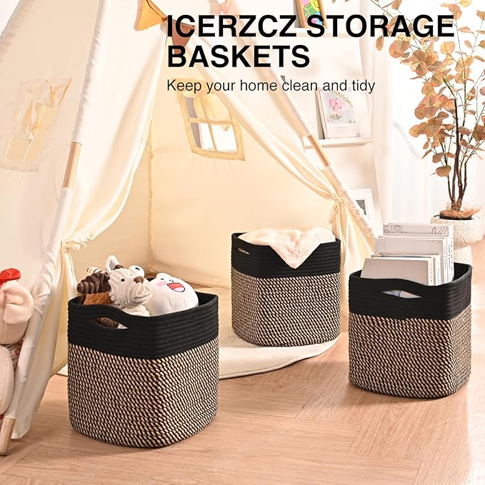 11 Inch Cube Storage Bins, Storage Cube Organizer Bins, Woven Cotton Rope Baskets for Storage, Storage Basket for Organizing Shelves, Square Baskets for Toys Nursery, Black & Jute (Pack of 3)-Ruum Studio Home