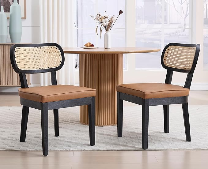 EALSON Mid Century Modern Rattan Dining Chairs Set of 2 Farmhouse Black Wood Kitchen Chairs with Cane Back Leather Upholstered Accent Armless Chairs for Dining/Living Room Restaurant, Brown-Ruum Studio Home