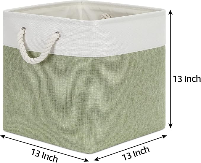 Bidtakay Cubby Storage Bins Set of 3 Fabric Baskets for Shelves Closet Drawer Organizer Storage Cubes 13x13 Collapsible Organization Baskets for Nursery Toy Shelf (White&green)-Ruum Studio Home