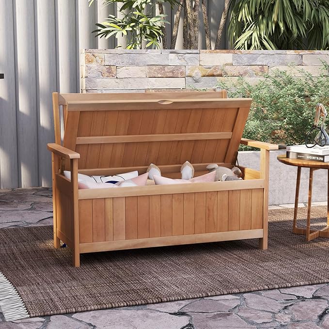 Tangkula 48 Inch Outdoor Wood Storage Bench Deck Box, Wooden Storage Loveseat with 34.2 Gal Inner Space, Entryway Bench Deck Box with Slatted Backrest, Storage Seat for Garden, Lawn, Balcony & Porch-Ruum Studio Home