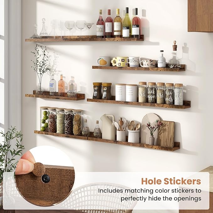 Fun Memories Picture Ledge Shelves Set of 2, 36 Inch Rustic Wall Mounted Floating Shelves with Lip for Home Storage and Décor in Bathroom, Kitchen, Nursery, Bedroom, Living Room, Brown-Ruum Studio Home