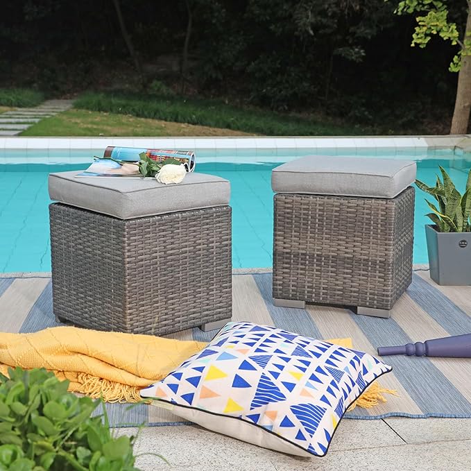 Patiorama 2 Pieces Assembled Outdoor Patio Ottoman, Indoor Outdoor All-Weather Grey Wicker Rattan Outdoor Footstool Footrest Seat with Light Grey Cushions, No Assembly Required-Ruum Studio Home