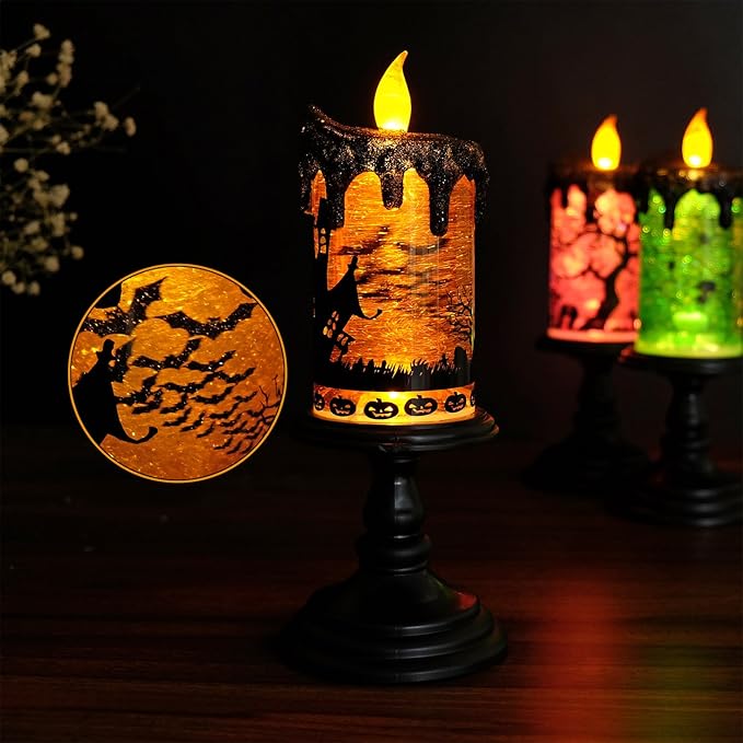 Eldnacele Halloween Snow Globe Candles Lighted Lamp, Battery Operated Spooky Spinning Water Glittering Tornado Candle Flameless Candles Table Centerpiece for Halloween Decoration Indoor(Castle)-Ruum Studio Home