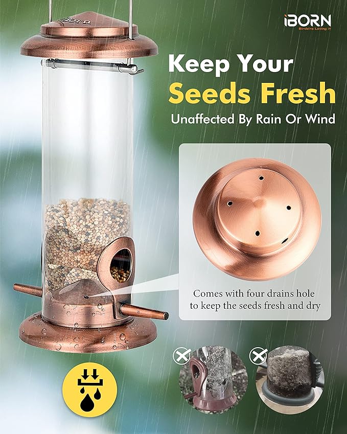 iBorn Metal Bird Feeder Hanging Wild Bird Feeders for Mix Seed Blends Heavy Duty All Metal Finishing, Copper Finish, 8 Inch 2 Port (Seed is not Included)-Ruum Studio Home