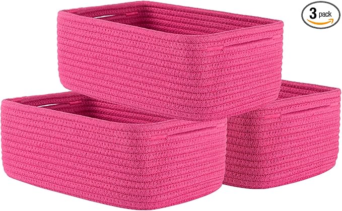 KALLAX Small Woven Basket, 12 x 8 x 4.5 Inches, Storage Basket for Organizing, Cute Small Rope Shelf Closet Cube Storage Bins Baskets for Shelves, Dog Toy Gift Baskets Empty, 3 Packs, Hot Pink-Ruum Studio Home