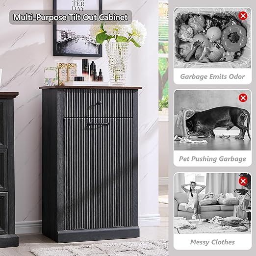 Modern Tilt-Out Trash Can Cabinet, 10 Gallon Fluted Laundry Hamper Cabinet with Drawers, Wooden Hidden Garbage Can Cabinets with Storage Basket, Free Standing for Kitchen and Living Room, Grey-Ruum Studio Home