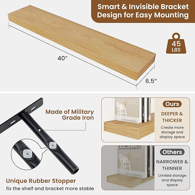 fuqing Floating Shelves for Wall, Bathroom Shelf Wall Mounted for Storage, Shelves with Invisible Bracket for Bedroom, Kitchen, Living Room, Farmhouse Small Book Shelf, 40 Inch Set of 2, Oak-Ruum Studio Home