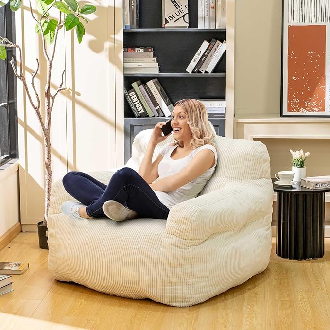 Bean Bag Chair for Adults - Faux Fur, Fluffy and Comfy with Filler, Big Sofa for Reading, Gaming (Beige, Oversize)-Ruum Studio Home