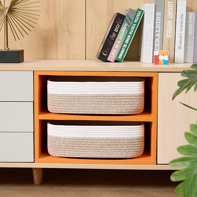 Large Shallow Organizing Baskets 15x11x5.1 Inches - Rope Woven Storage Bins for Bathroom, Shelves, Cube Closet, White Mixed Brown 2 Packs-Ruum Studio Home