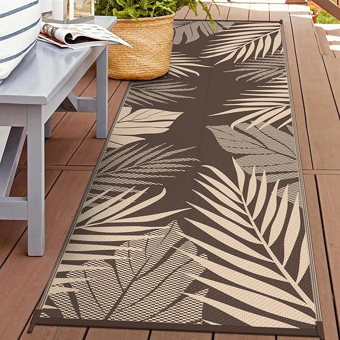 GENIMO Outdoor Rug 2.5' x 8' Waterproof for Patios Clearance, Reversible Outdoor Plastic Straw Camping Rug Carpet, Large Area Rugs Mats for RV, Camper, Deck, Balcony, Porch, Beach, Coffee&Beige-Ruum Studio Home
