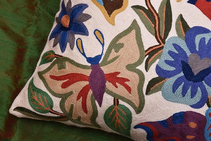 Butterfly Floral Decorative Pillow Cover Moth Botanical Flower Pillowcase Couch Hand Embroidered Flowery Outdoor Cushion Chair Suzani Accent Wool 18x18 Inch-Ruum Studio Home