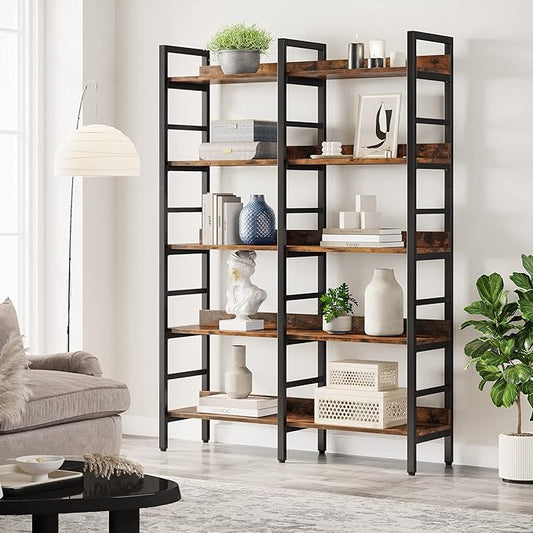 Tribesigns 5-Tier Industrial Bookshelf, 71”H x 47”W Etagere Bookcase, Freestanding Double Wide Book Shelf for Storage and Display, Wood and Metal Bookshelves for Living Room Home Office, Rustic Brown-Ruum Studio Home