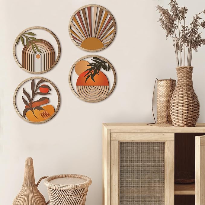 Qunclay 4 Pieces Boho Wall Art Wooden Bohemian Wall Decor Hanging Art Nursery Decor Farmhouse Geometric Hanging 10 Inch Aesthetic Wood Minimalist for Apartment Bedroom(Stylish)-Ruum Studio Home