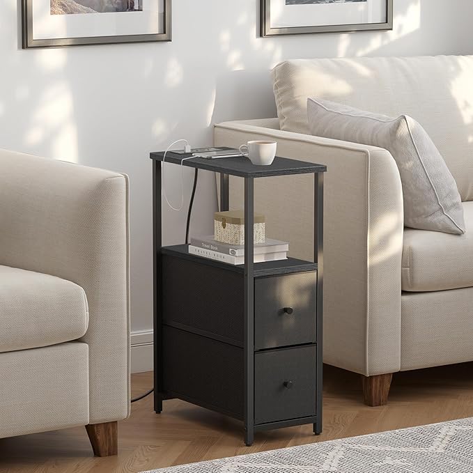 TUTOTAK Small Narrow End Table with Charging Station, Side Table with Outlets, Nightstand with 2 Cloth Drawers, Couch Table, for Living Room, Bedroom, Bedside, Black TB01BK085-Ruum Studio Home