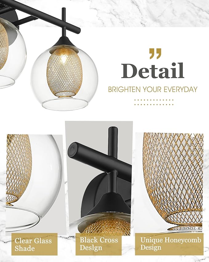 Bathroom Light Fixtures, 3-Light Black and Gold Vanity Lights Over Mirror, Farmhouse Wall Sconce Lighting with Clear Glass and Honeycomb Metal Shade, AD-22001-3W-BK-Ruum Studio Home