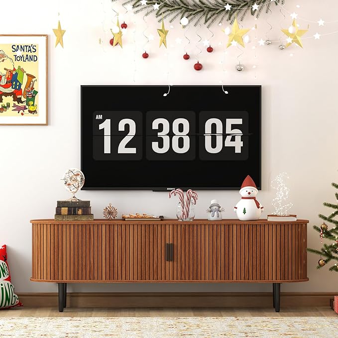 Bonzy Home 70" Mid Century Modern TV Stand, Tambour Entertainment Center with Storage, Long Media Console Television Stand with Metal Legs for up to 75'' TV, Walnut-Ruum Studio Home