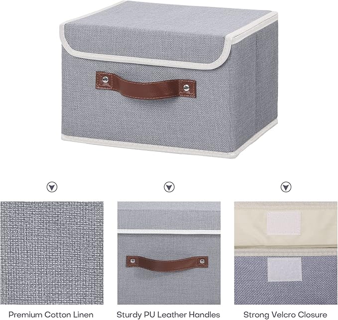 ANMINY 4PCS Storage Bins with Lid PU Leather Handles Storage Boxes PP Plastic Board Decorative Foldable Lidded Cotton Linen Fabric Home Cubes Baskets Closet Organizer Containers - Gray, Small Size-Ruum Studio Home