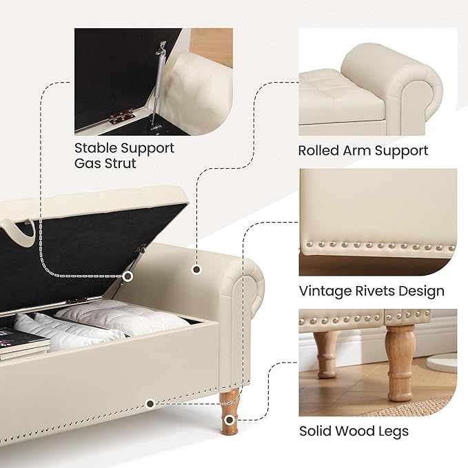 Storage Ottoman Bench for Bedroom, 51" Upholstered Bench with Rolled Arms and Vintage Rivets for Living Room, Full & Queen Leather Storage Bench with Button for Entryway, Beige+Nature Legs-Ruum Studio Home