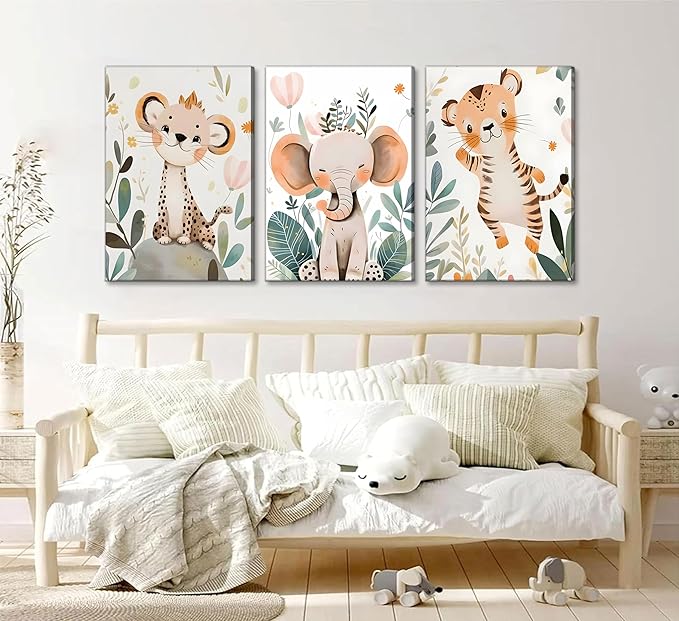 3 Pcs Safari Animals Nursery Canvas Wall Art Jungle Animals Cheetah Elephant Tiger Kids Room Illustration Pictures Wall Decor Posters Print Artwork for Classroom Boy's Girl's Room Bedroom-Ruum Studio Home