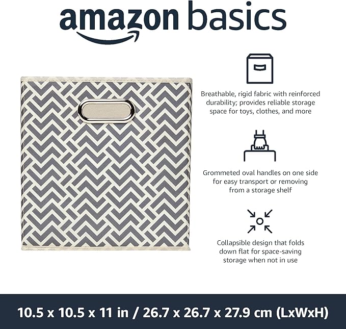 Amazon Basics Collapsible Cube Storage Organizer Bins, 6-Pack, 10.5 x 10.5 x 11 inches, Chevron Grey-Ruum Studio Home