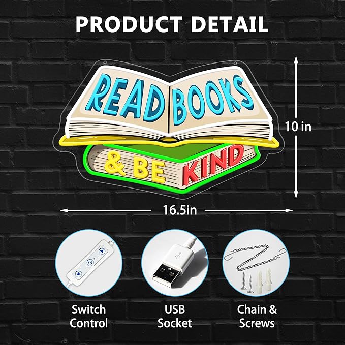 SELICOR Read Books & Be Kind Neon Signs for Wall Decor-Teacher Appreciation Gift,Adjustable LED Book Neon Light Up Sign for Reading Room Study Room Classroom Bookstore Library Museum Cafe Bedroom-Ruum Studio Home