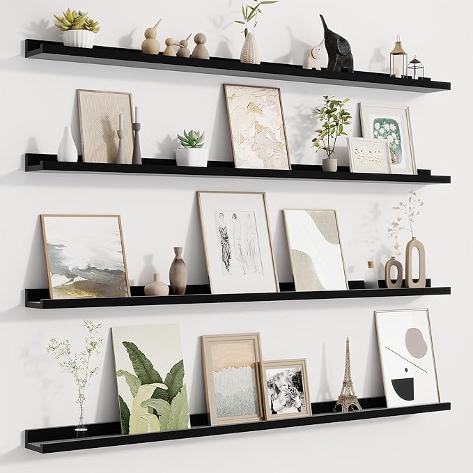 Picture Ledge Shelf for Wall, Floating Shelves Set of 4, 48 Inch Long Nursery Book Shelves for Toys Storage, Kids Bookshelf Wall Mounted for Books Photo Frames, Black-Ruum Studio Home