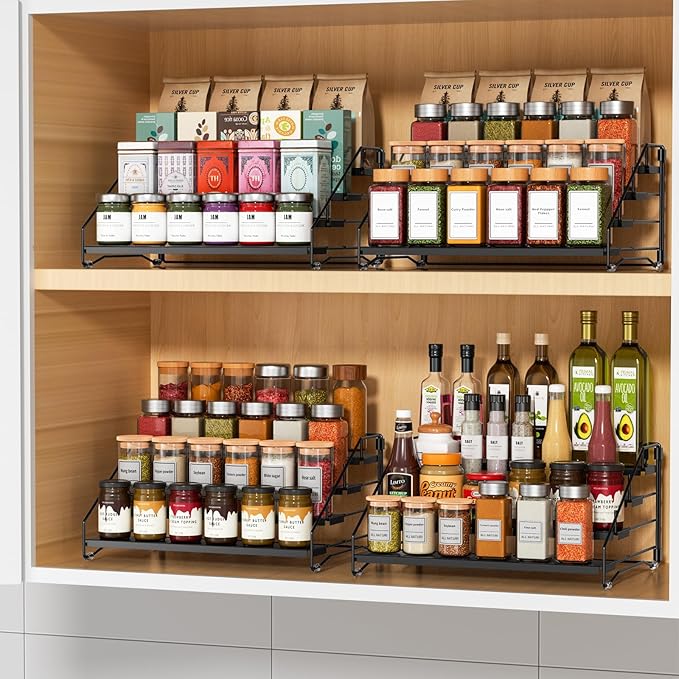 RCHYFEED Spice Rack Organizer for Cabinet Pantry,4 Tier Spice Rack Countertop,Tierd Spice Organization Easy Visibility, Depth Adjustable Seasoning Organizer for Cabinet (Black, 2Pack)-Ruum Studio Home