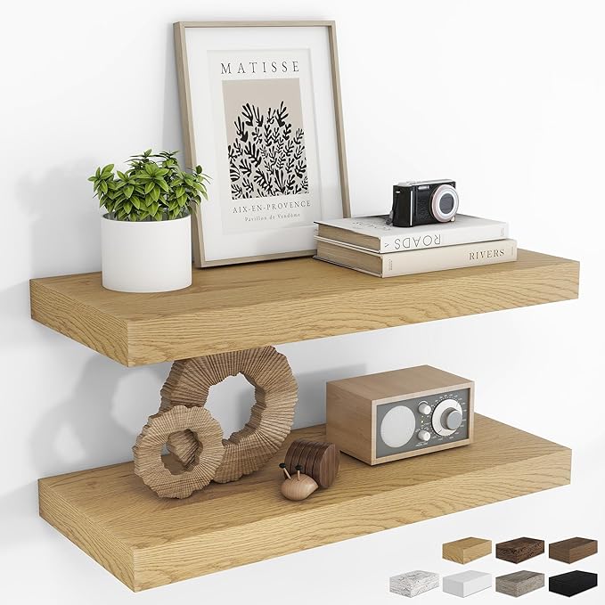 RICHFOCUS 24Inch Floating Shelves for Wall 2 Pack Shelves for Bedroom|Kitchen|Bathroom Wall Mounted Rustic Wood Floating Shelf with Invisible Brackets for Books|Storage|Decor, Oak-Ruum Studio Home