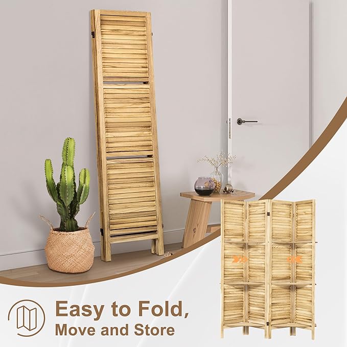 Osparple Room Divider with Shelves 4 Panel Wooden Folding Room Dividers Privacy Screen Wall Divider for Room Separation for Office and Apartment, Natural-Ruum Studio Home